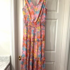 Floral Tiered Maxi Dress in Pink, Blue & Yellow